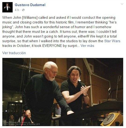 Dudamel y Jhon Williams en la grabación de la banda sonora de esta entrega. Foto: Facebook
