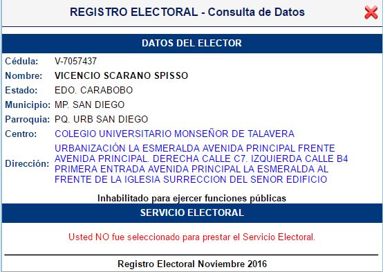 Captura de los datos de Enzo Scarano en la Registro Electoral en el portal web del CNE
