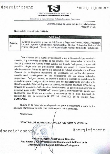 Con este documento el Juez Rector Rafael García “prohíbe” actos en contra de la Constituyente en sede de los Tribunales Locales