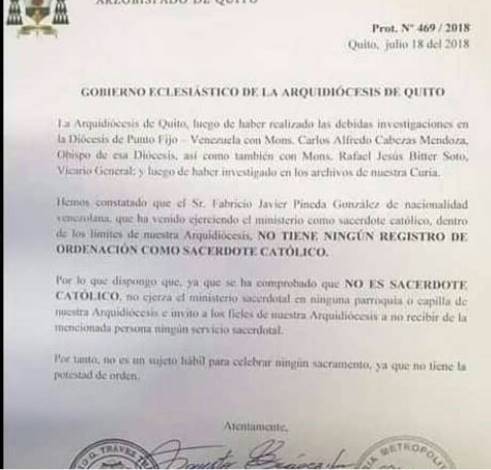 Documento de la Arquidiocesis de Quito donde desmienten