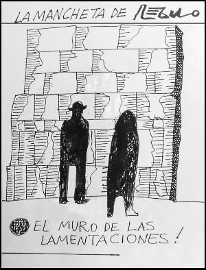 Caricatura de Régulo con una pareja frente al muro de los lamentos