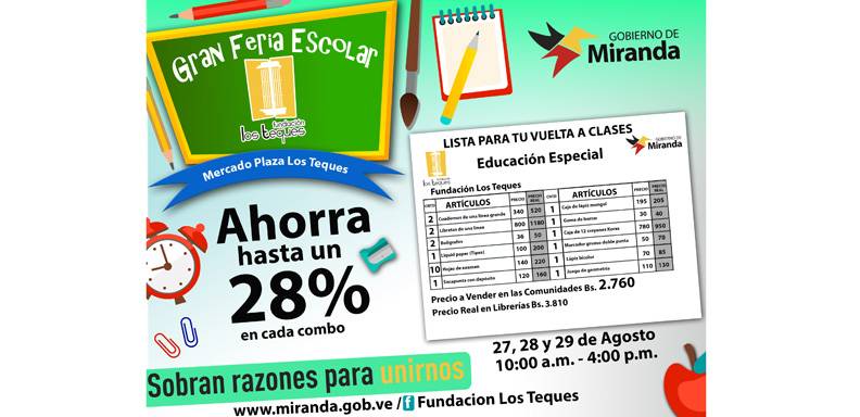 Este jueves 27 de agosto, inicia la Feria Escolar en los espacios abiertos del Mercado Plaza Los Teques