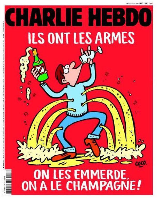 "Ellos tienen armas. A la mierda. ¡Nosotros tenemos champagne!", titula la caricatura en la portada de la revista satírica Charlie Hebdo.