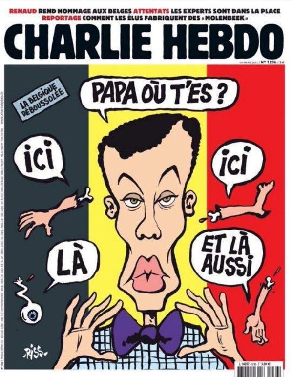 La portada de Charlie Hebdo, que incluye una pequeña leyenda en la que puede leerse: "Bélgica, desorientada", juega con la letra de la canción que Stromae le dedicó a su padre, desaparecido en el genocidio de Ruanda en 1994