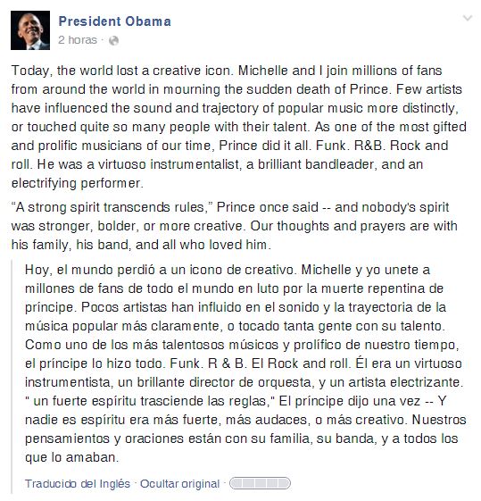 obama dedica palabras a Prince
