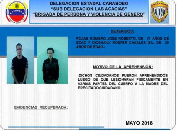 Diosa Canales y su esposo detenidos por lesiones y violencia de género. Fuente @darvinsonrojas