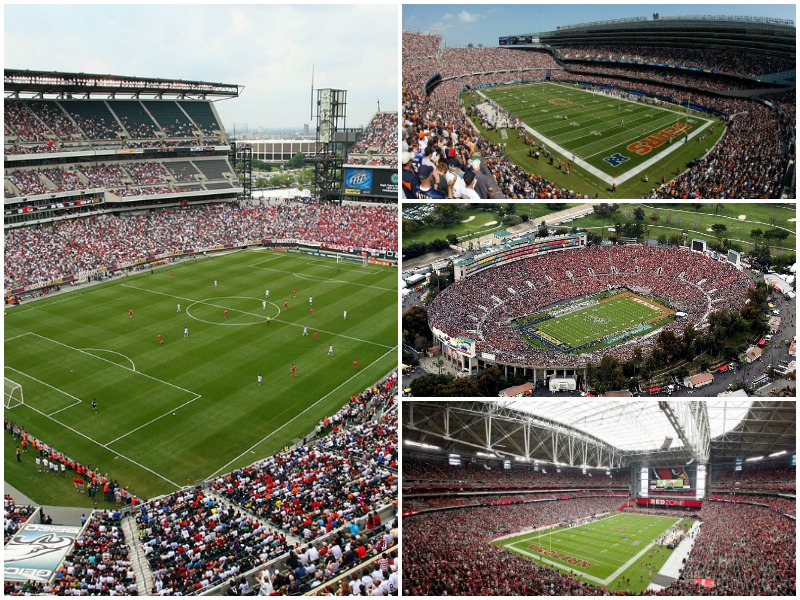 La competencia se disputará en 10 escenarios deportivos de nueve estados de los Estados Unidos. Todos poseen una capacidad para más de 60 mil personas, usados principalmente para juegos de fútbol americano