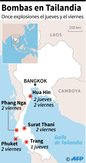 Explosiones en zonas turisticas de Tailandia dejaron al menos cuatro muertos / Infografía: AFP