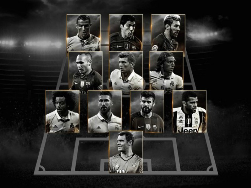 Cinco jugadores del Real Madrid y cuatro del Barcelona, junto al brasileños Dani Alvés y el alemán Manuel Neuer, figuran en el Once Ideal de 2016 de la FIFA FIFPro