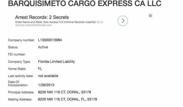 La primera compañía que presenta el sistema es Barquisimeto Cargo Express CA LLC, número de registro L13000013984 ubicada en Doral, Condado de Miami Dade