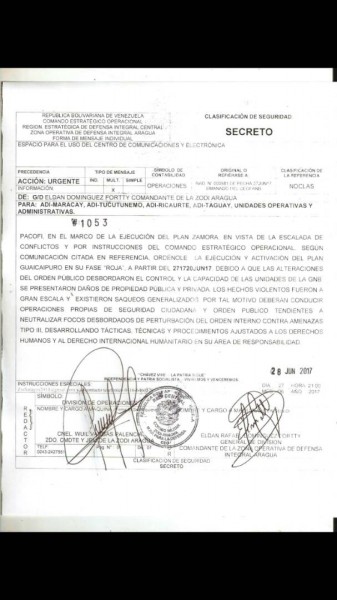 Radiograma para la activación del Plan militar Guaicaipuro en su fase roja/foto: Corresponsalía
