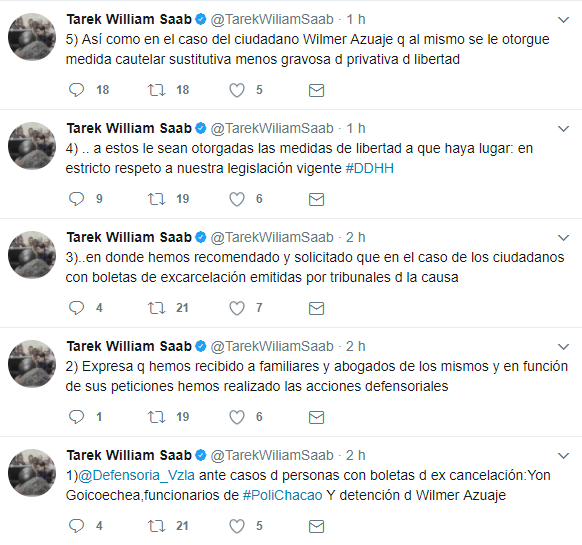 Tuits del defensor del pueblo, tarek William Saab/captura de pantalla de Twitter
