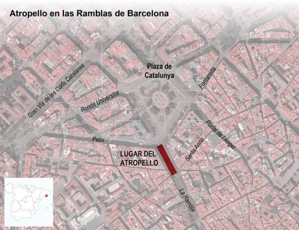 Detalle de la infografía de la Agencia Efe "Atropello en las Ramblas de Barcelona" disponible en http://infografias.efe.com. Al menos dos personas murieron y veinte resultaron heridas hoy en el atropello masivo ocurrido en el centro de la ciudad española de Barcelona/EFE