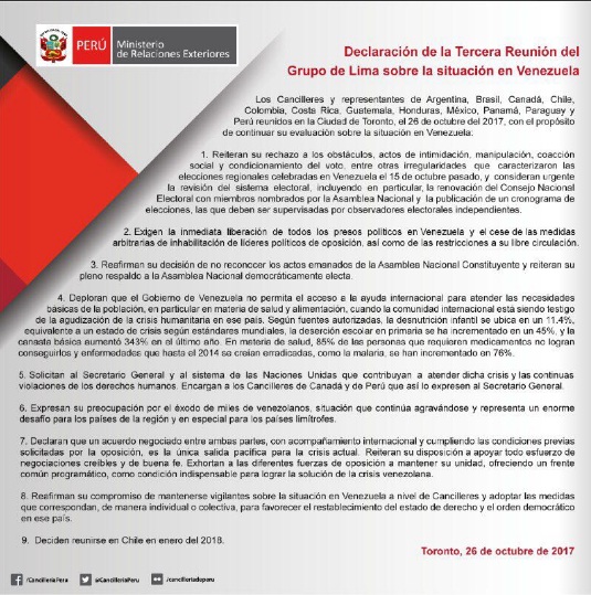 Declaración del Grupo de Lima, 26 de octubre de 2017