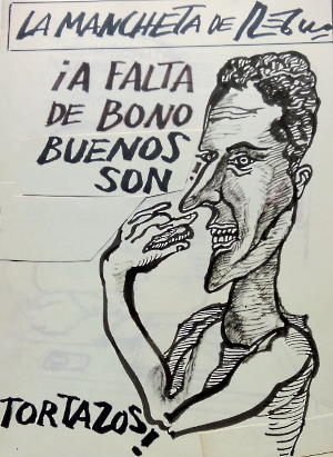 Caricatura de Régulo con figura masculina llevándose algo a la boca y texto