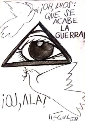 Caricatura de Régulo con un ojo dentro de un triángulo y dos palomas de la paz