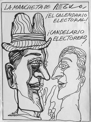 Caricatura de Régulo con dos figuras masculinas de perfíl haciendo comentarios sobre el calendario electoral
