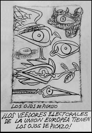 Caricatura de Régulo representando dibujos de ojos de Picasso