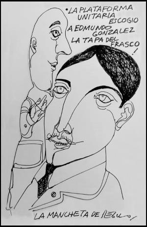 Caricatura de Régulo con dos figuras mas culinas y texto haciendo referencia a la selección de Edmundo González como candidato de la oposición