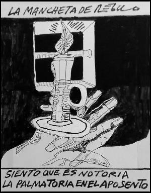 Caricatura de Régulo con una vela en una mano rodeada de oscuridad