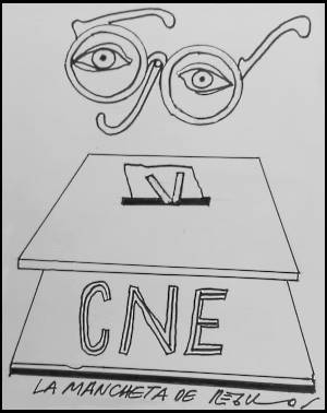 Caricatura de Régulo con ojos usando lentes mirando una urna electoral